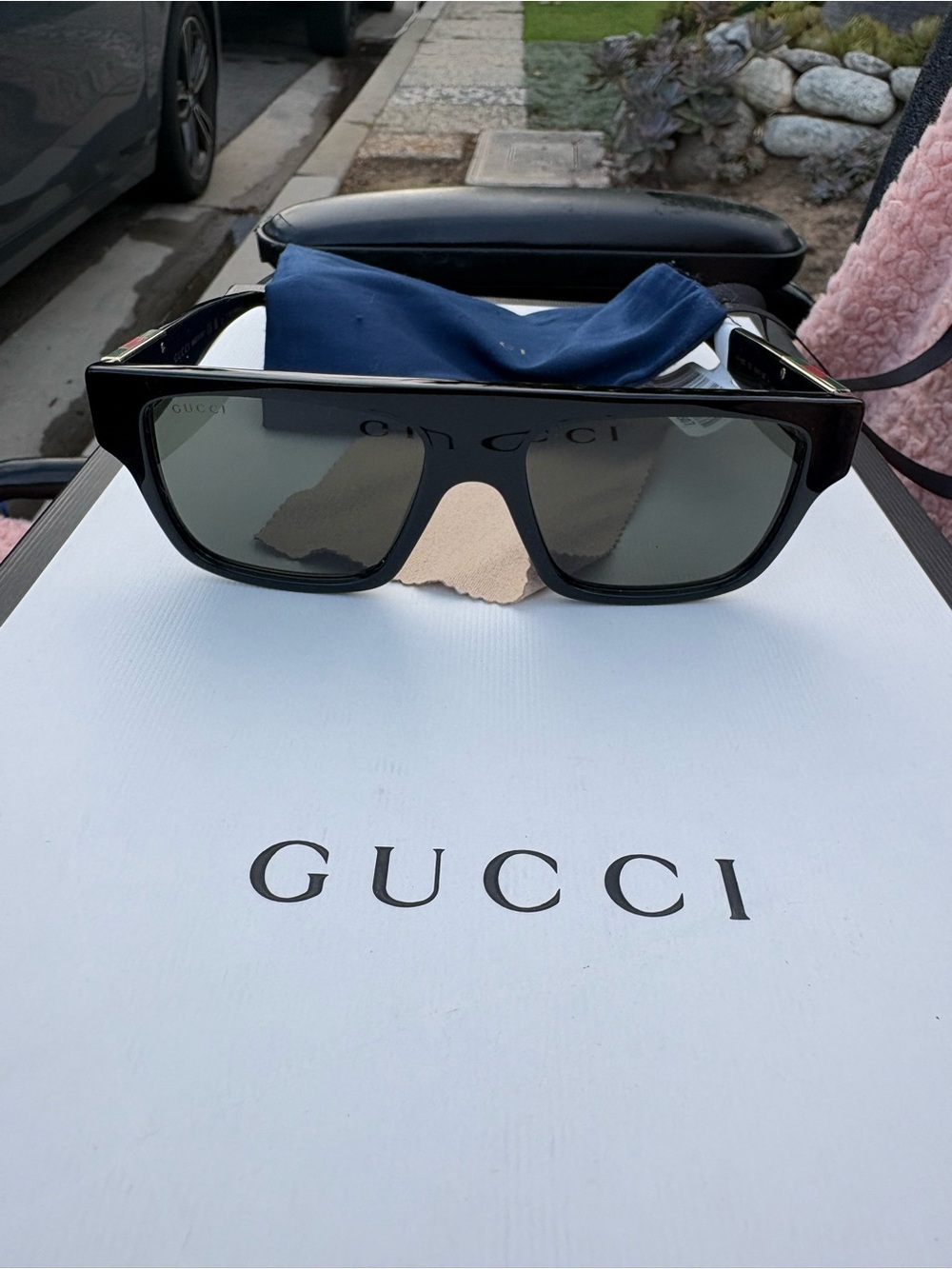 Gucci Men’s Black Shield Sunglasses with Dark Lenses